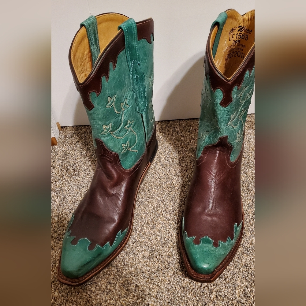 Old West Teal and Brown Heeled Boots